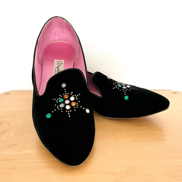 Vintage 1960s Black Velvet Slipper Flats with Starburst Rhinestone Design by Oomphies, Holiday Shoes, Velvet Loafers, Opera Pump Style, 8