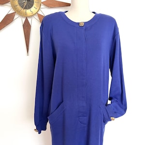 Vintage 1980s Violet Purple Cocoon Sweater Dress by Schrader, Gold Button Details, Wool Blend Long Sleeved Winter Column Dress, Retro 80s, L