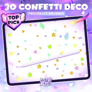 May include: A digital tablet screen displaying a white background with colourful confetti shapes. The tablet is surrounded by a purple and blue gradient background with stars and confetti. The text "30 CONFETTI DECO" and "PROCREATE BRUSHES" is displayed at the top of the screen. A white stylus is resting on the screen. The text "TOP PICK" is displayed in a red and white badge in the top left corner of the screen.