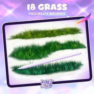 May include: A digital illustration of 18 different grass brushes for Procreate. The brushes are shown on a digital tablet screen with a white stylus. The brushes are green and have different textures and shapes.
