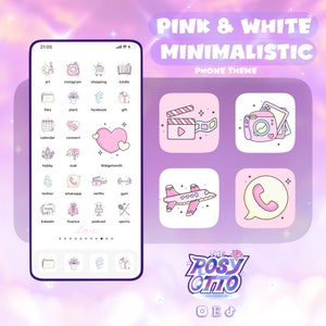 以下が含まれることがあります： ピンクと白のミニマルなデザインの電話テーマ。テーマには、Instagram、Facebook、Twitter、Netflixなどのさまざまなアプリのアイコンが含まれています。テーマには、ハートのアイコン、飛行機のアイコン、電話のアイコンも含まれています。画像の上部には「PINK & WHITE MINIMALISTIC PHONE THEME」というテキストがあります。画像の下部には「THE ROSY OTTO」というテキストがあります。