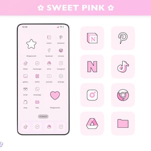 May include: A pink and white phone screen with a grid of app icons. The icons are for popular apps such as TikTok, Instagram, YouTube, and more. The phone screen is labelled "SWEET PINK".