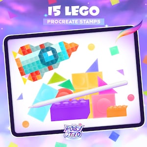 May include: A digital tablet screen displaying 15 colourful Lego-style stamps for Procreate. The stamps include a rocket, various shapes, and blocks. The text "15 LEGO PROCREATE STAMPS" is at the top of the screen. The text "THE ROSY CHLO" is at the bottom of the screen.
