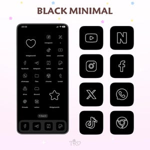 May include: A digital display showing a smartphone screen with a black background and white line-art icons for various social media and utility applications. The text BLACK MINIMAL appears at the top. Eight individual black square app icons with white outlines are arranged in two columns to the right of the phone.