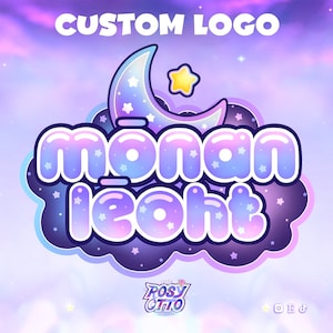 May include: A custom logo design featuring the words "moonan leoh" in a colourful, bubbly font. The logo is set against a purple and blue gradient background with stars and a crescent moon.