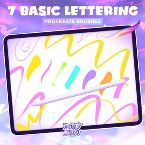 May include: A digital tablet displays colorful brush strokes and the text "7 Basic Lettering Procreate Brushes." A white stylus rests on the screen. The background is a gradient of purple, pink, and blue with abstract lines.