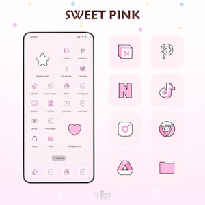 Pode incluir: Um display digital mostrando uma interface de smartphone com um tema rosa claro, apresentando ícones de aplicativos e widgets personalizados. A tela exibe o texto SWEET PINK no topo, com vários ícones organizados em um layout de grade.