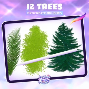 Puede incluir: Una ilustración digital de 12 pinceles de árboles diferentes para Procreate. Los pinceles se muestran en la pantalla de una tableta con un lápiz blanco. Los pinceles son de varios tonos de verde.
