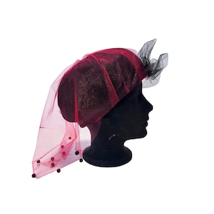 VINTAGE Black Velvet Veiled Hat 1950s Mid Century Cap Red Veil Netting Gothic