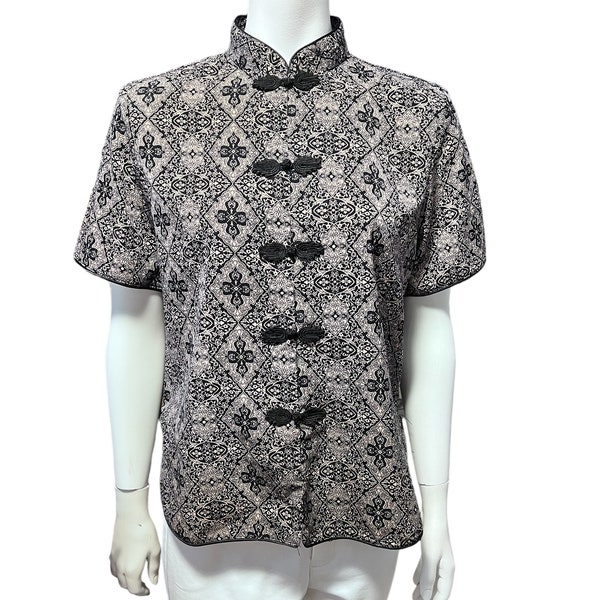 VINTAGE Oriental Style Button Down Short Sleeve Blouse Top Size Small Chinese Qipao Cheongsam Mandarin Collar