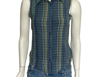 Top vintage de los años 90 sin mangas a cuadros con botones delanteros, color verde/azul.