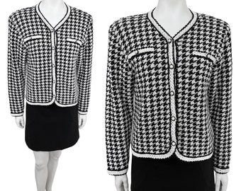 VINTAGE 80s 'Jeremy Scott Braemar' Houndstooth Button Up Cardigan Black White Wool Blend Snap Pearl Buttons Preppy 1980s