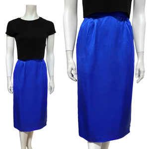 VINTAGE 80s Royal Blue Silk Skirt High Waist Midi Skirt Size Small 1980s