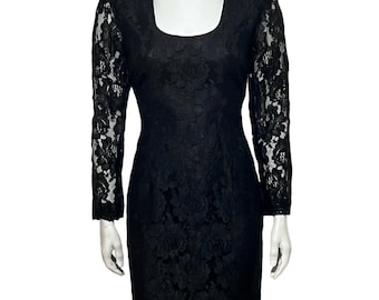 VINTAGE 80s Black Lace Mod Long Sleeve Dress Glamorous Party Formal Dress 1980s - Lace
