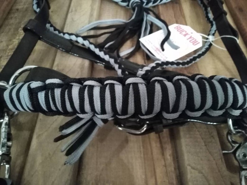 BuckYou Perfect Fit Fully Adjustable Black and Silver Rope and Biothane Sidepull bitless Bridle and reins!