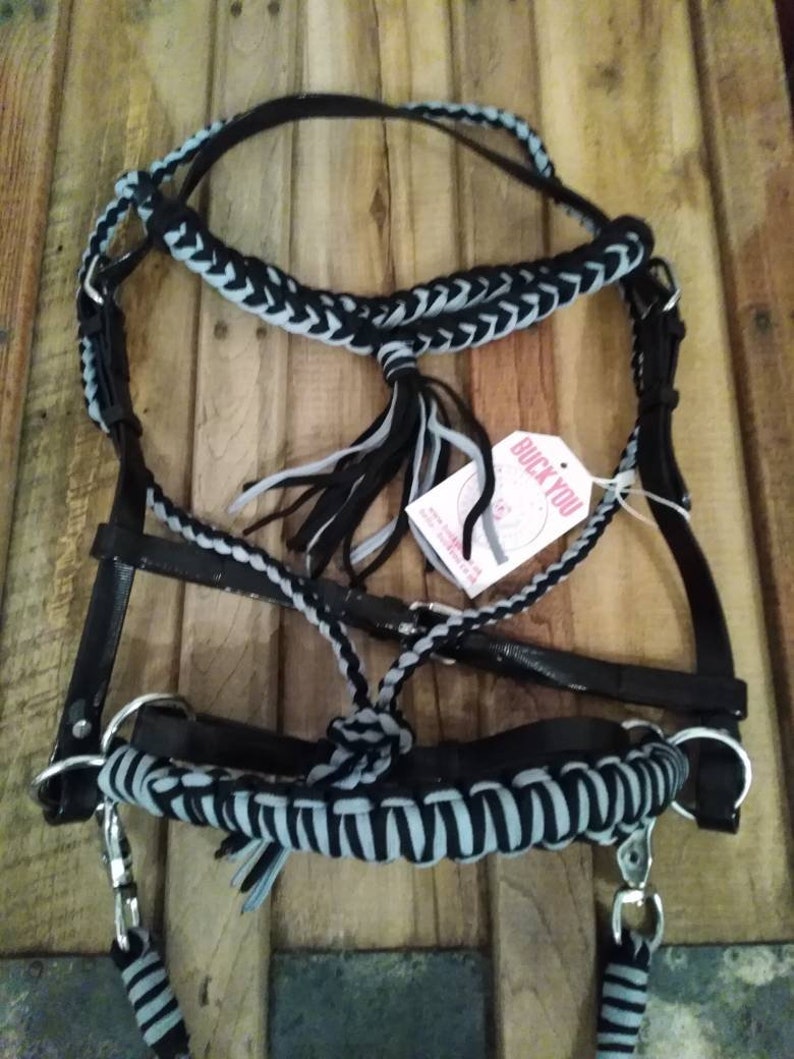 BuckYou Perfect Fit Fully Adjustable Black and Silver Rope and Biothane Sidepull bitless Bridle and reins!