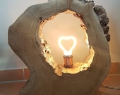 Table lamp floor lamp tree trunk solid wood handmade unique oak with heart shaped LED bulb