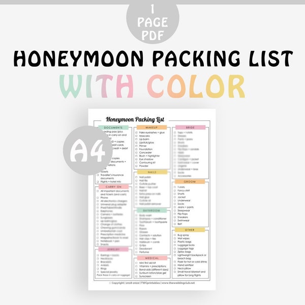 Honeymoon packing list | printable checklist, honeymoon checklist, honeymoon list, honeymoon gift, honeymoon, packing checklist, printable