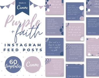 60 Christian Instagram Posts Canva Templates | Purple Faith | Instagram Canva Template | Canva Instagram Feed Templates | Instagram Grid