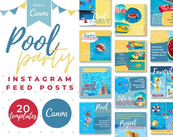 20 Instagram Post Templates for Canva | Pool Party | Instagram Canva Template | Canva Instagram Feed Templates | Canva Instagram Grid