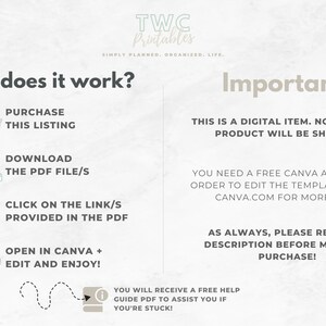 May include: A digital item guide with the text "How does it work?" and "Important!". The steps include purchasing, downloading, clicking a link, and editing in Canva. The guide also mentions a free Canva account and a help guide PDF.