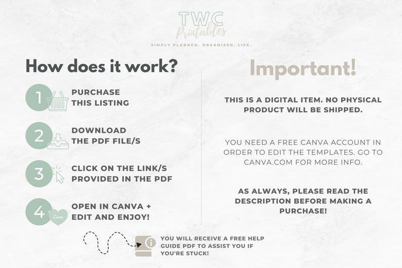 May include: A digital item guide with the text "How does it work?" and "Important!". The steps include purchasing, downloading, clicking a link, and editing in Canva. The guide also mentions a free Canva account and a help guide PDF.