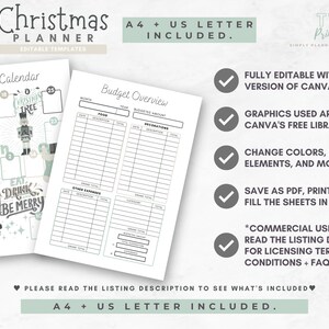May include: A Christmas Planner template with an Advent Calendar and Budget Overview. The planner is editable in Canva and includes A4 and US Letter sizes. The design features festive illustrations and the text "Christmas Planner" and "Eat, Drink, Be Merry."