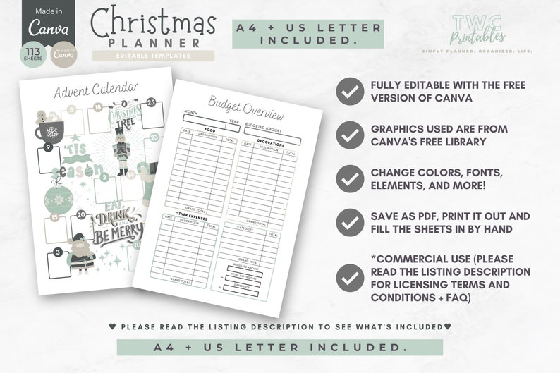 May include: A Christmas Planner template with an Advent Calendar and Budget Overview. The planner is editable in Canva and includes A4 and US Letter sizes. The design features festive illustrations and the text "Christmas Planner" and "Eat, Drink, Be Merry."