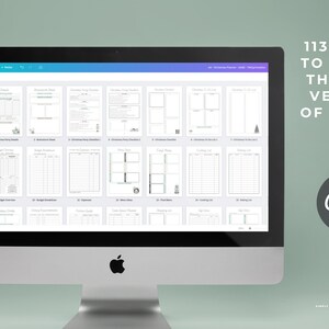 May include: A silver iMac computer displays a digital planner with various templates. The screen shows a variety of pages, including budget trackers and checklists. Text on the screen reads "113 pages to edit in the free version of Canva."