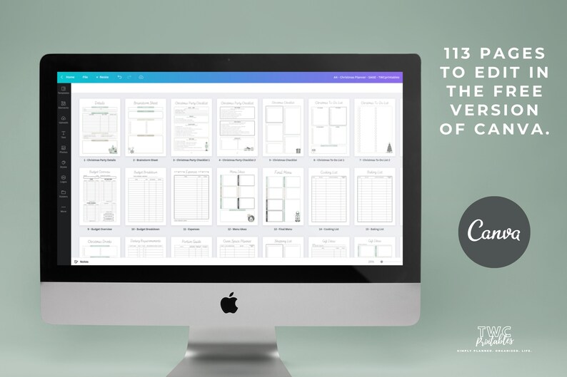 May include: A silver iMac computer displays a digital planner with various templates. The screen shows a variety of pages, including budget trackers and checklists. Text on the screen reads "113 pages to edit in the free version of Canva."