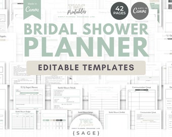 May include: A collection of printable bridal shower planner templates. The templates include guest lists, gift registers, checklists, budget planners, and more. The text "Bridal Shower Planner" is displayed in large, green letters. The templates are editable in Canva.