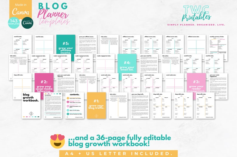 These Blog Planner Canva Templates will help you manage your blog like a pro! Use these Blogging Planner Templates to create a Blog Content Calendar. Learn Blogging How To by using this planner along with other blogging research.