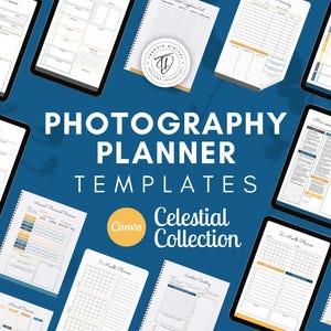 Puede incluir: Una colección de plantillas de planificador de fotografía, que incluye tabletas digitales y páginas impresas. El texto "Photography Planner Templates" se muestra en letras blancas grandes. También se presenta la "Celestial Collection", junto con el logotipo de Canva.