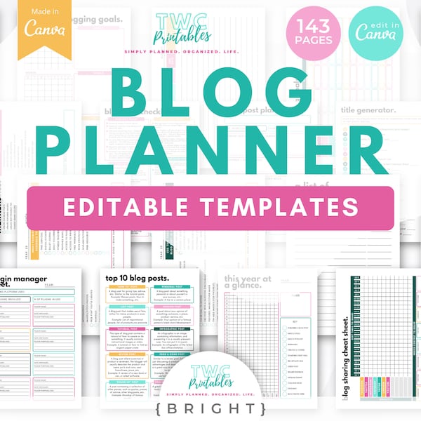 Blog Planner Canva Templates | 143 Pages | Content calendar, Editorial schedule, Post organizer, Writing planner, Article layout //BRIGHT