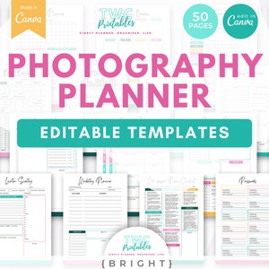 Streamline your photography business with the Photography Planner Canva templates! Featuring photography checklists, workflow charts, client sheets, and more. The comprehensive photographer planner is perfect for any photography business.