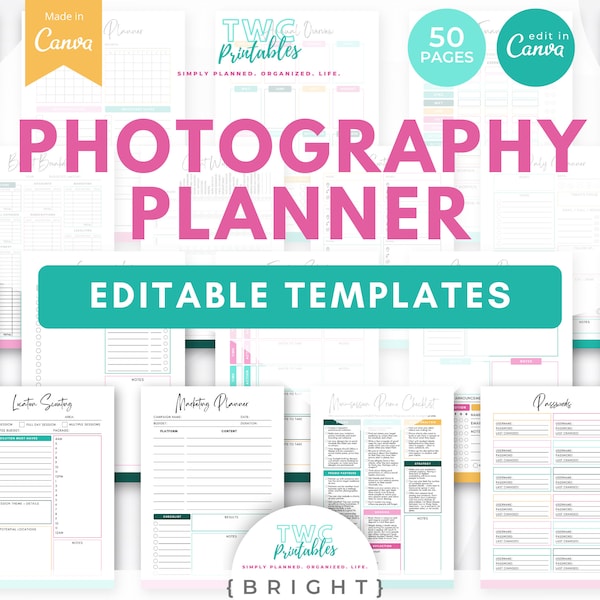 Photography Planner Canva Templates | 50 Pages | Shoot schedule, Session planner, Editing timeline, Portfolio plan, Client organizer//BRIGHT