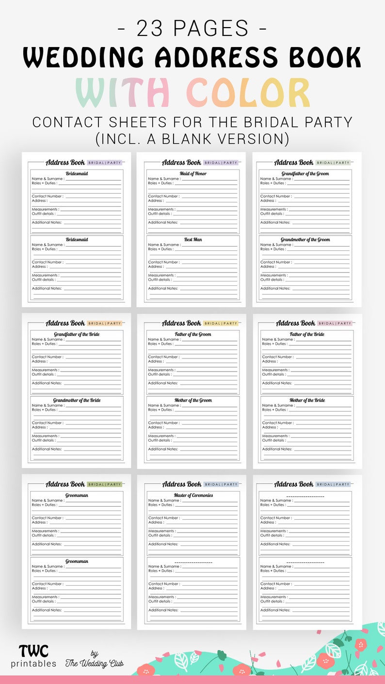 Wedding Address Book contact sheets for the entire bridal | Etsy