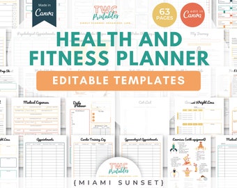 Health & Fitness Planner Templates Canva, Health and Wellness, Health Tracker, Fitness Planner Tracker, Exercise Planner Tracker Journal