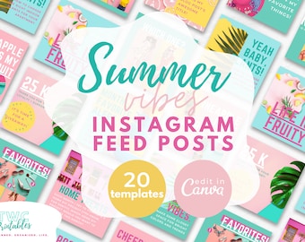 20 Instagram Post Templates for Canva | Summer Vibes | Instagram Canva Template | Canva Instagram Feed Templates | Canva Instagram Grid
