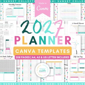 May include: A 2027 planner Canva template set featuring 208 pages in A4, A5, and US Letter sizes. The design includes colorful monthly calendars, budget overviews, book challenges, and self-care trackers with a Miami Sunset theme and polka dot accents.