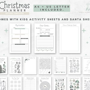 May include: A Christmas planner with editable templates, including kids' activity sheets and Santa sheets. The planner includes pages for a wishlist, a letter to Santa, and drawing activities. The design is in shades of white, beige, and green.