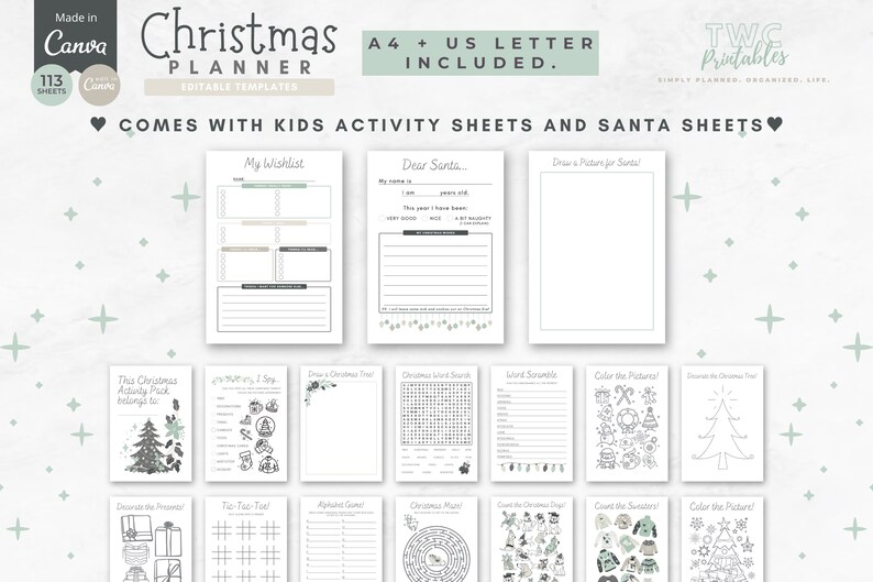 May include: A Christmas planner with editable templates, including kids' activity sheets and Santa sheets. The planner includes pages for a wishlist, a letter to Santa, and drawing activities. The design is in shades of white, beige, and green.