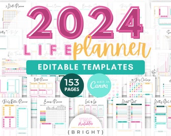 2024 Planner Templates for Canva | 153 Pages | 2024 Calendar, Monthly Planner, Lifestyle Planner, Agenda 2024 Canva, Planner Kit //BRIGHT