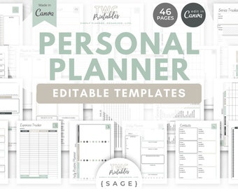 Editable Personal Planner Printable Canva Template, Personal Planner Binder, Canva Planner Template, Planner Pages Editable, Commercial Use