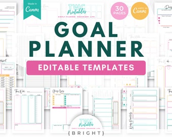 Canva Goal Planner Templates: 30-Page Task & Habit Tracker (A4/US Letter) BRIGHT (Digital Download)