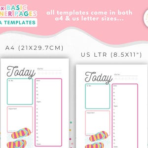Op de afbeelding: Twee witte plannerpagina's met het woord "Today" in een scriptlettertype. De pagina's hebben teal, roze en gele accenten, met de tekst "10 x BASIC PLANNER PAGES CANVA TEMPLATES" bovenaan. E&eacute;n pagina is A4-formaat (21x29,7 cm), de andere is US LTR (8,5x11").