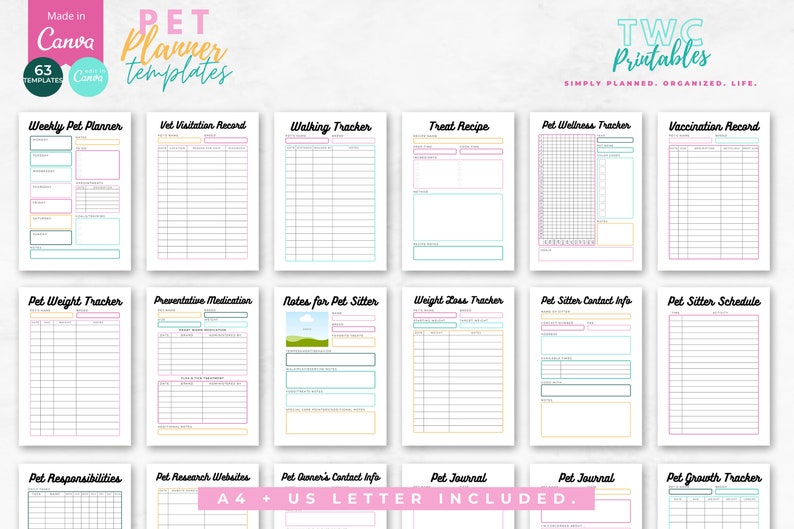 The editable pet planner templates for Canva will help you to create your own pet planner printable, or various pages for your pet organizer! Make your own pet care planner or puppy planner with this Canva kit! Also great as pet owner gifts.