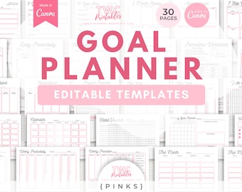 PINKS-doelplanner canva-sjablonen, dagelijks wekelijks jaarlijks projecttracker (digitale download)