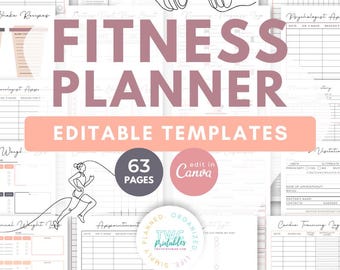May include: A fitness planner with editable templates. The cover features the text "FITNESS PLANNER" in a large, pink font. The planner includes pages for yoga, weight tracking, and cardio training. The planner has 63 pages and can be edited in Canva.