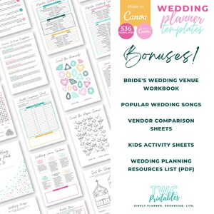 The editable wedding planner templates for Canva will help you to build your wedding planner binder. The complete wedding binder template for Canva contains everything you need to plan your dream wedding. Create your wedding planner and organizer.